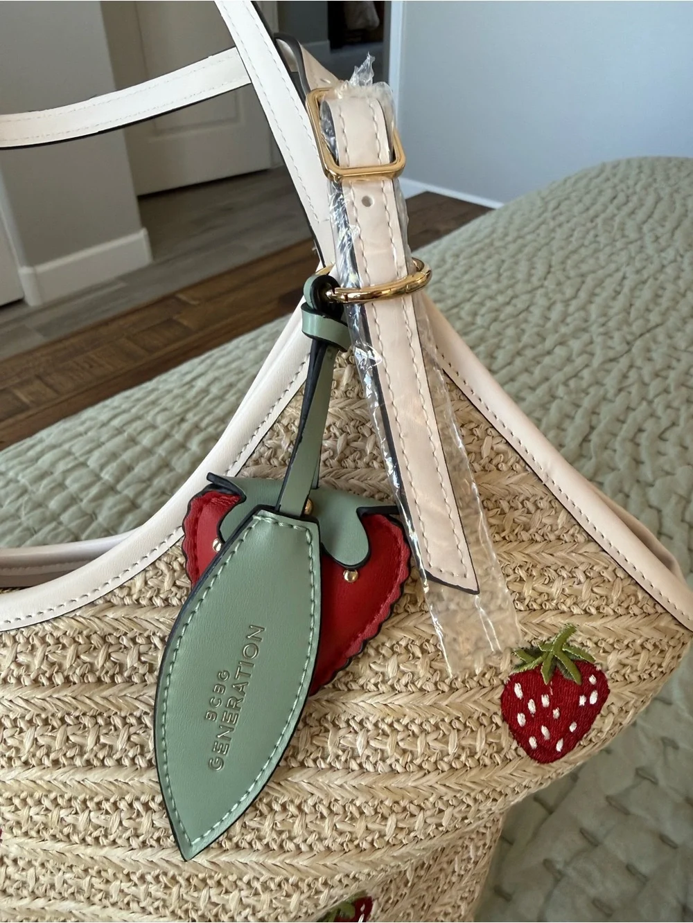 BCBGeneration Straw Tote with Red Strawberry Appliqués and Cream Trim